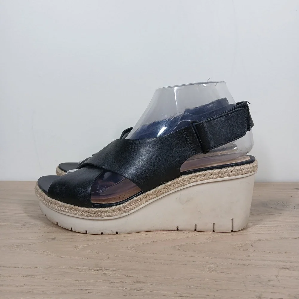 Clarks Sandals Womens 8 Black Leather Espadrille Wedge Boho Comfort Resort Chic
